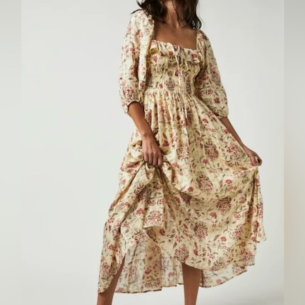 Free People Oasis Dress in Cream Smocked Sundress with Puff Sleeves